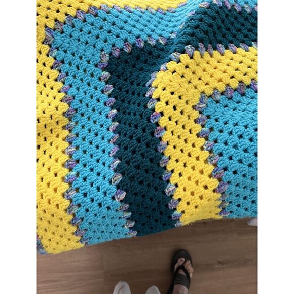 Afghan Throw Blanket Handmade Yellow Blue Purple Green Cottagecore Rustic - Picture 6 of 6